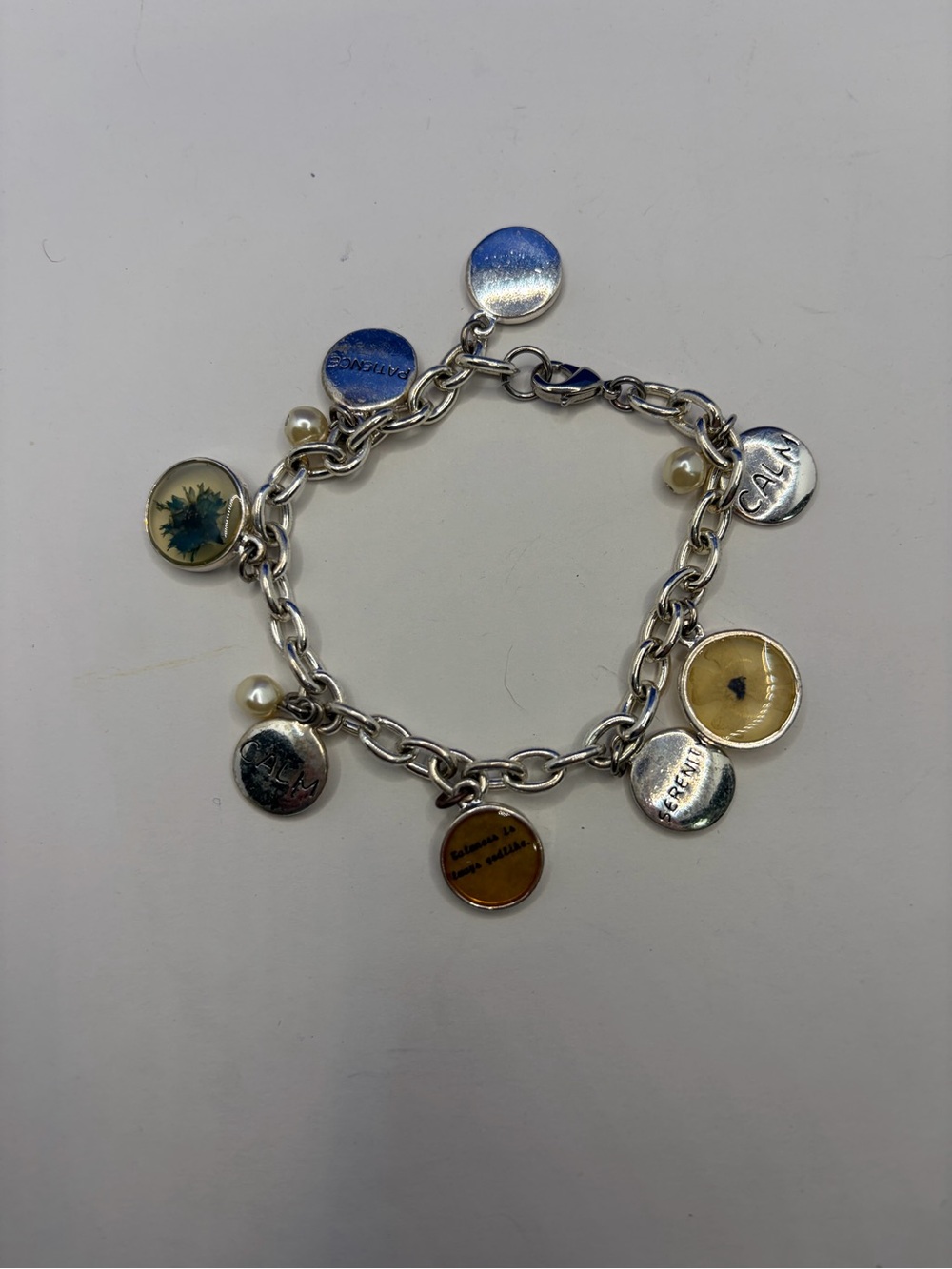 Silver Charm Bracelet with Multi-Tone Disc Charms and Pearl Accents